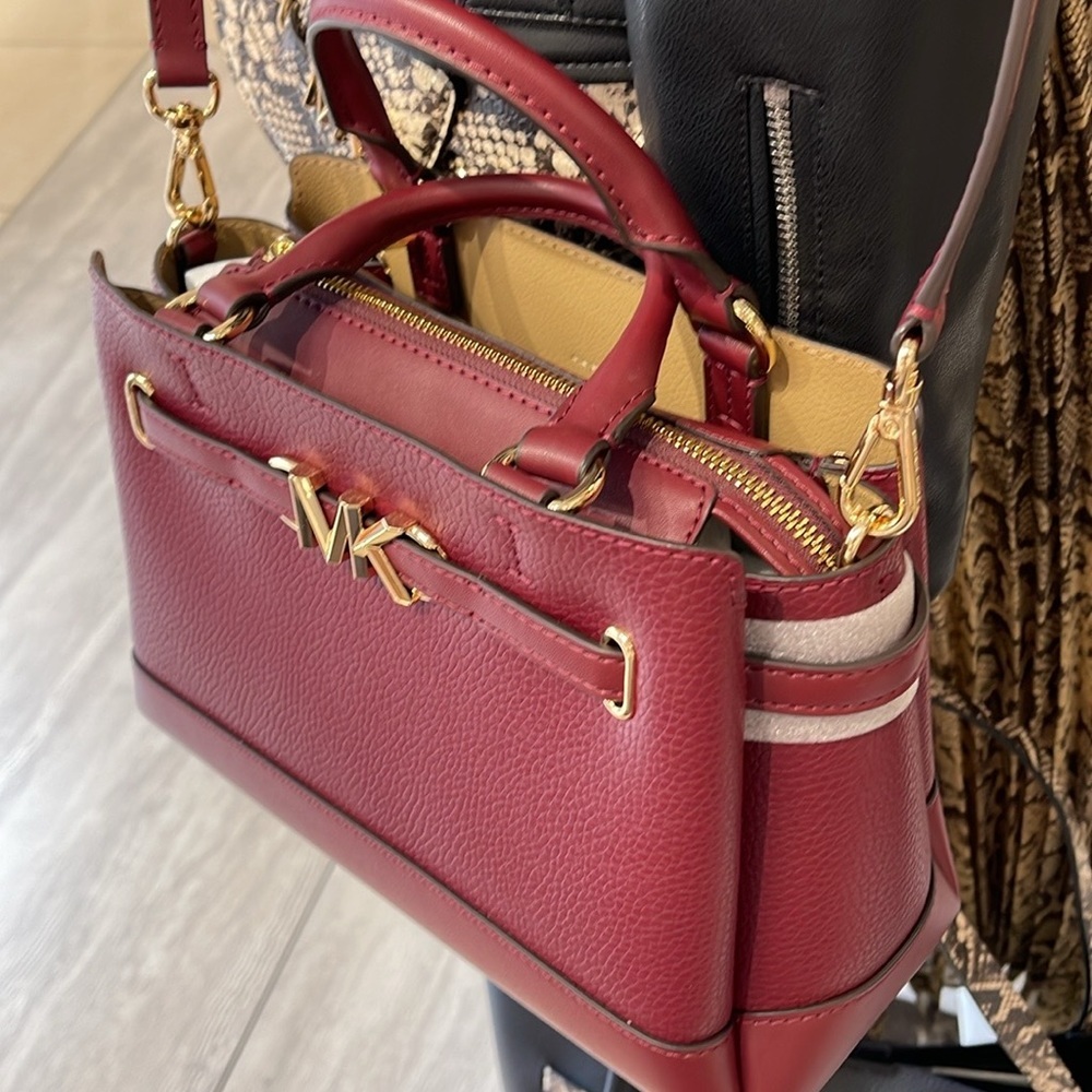 Michael Kors Reed Small Dark Cherry Leather Center Zip Belted Satchel Bag Purse - Picture 6 of 16